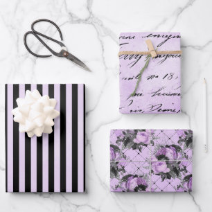 FEUILLE DE PAPIER CADEAU FLEURS ET MOTIFS D'ARGENT NOIR PURPLE