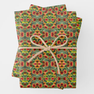 Feuille De Papier Cadeau Fleurs Faisées Rouges Et Jaunes Personnalisées