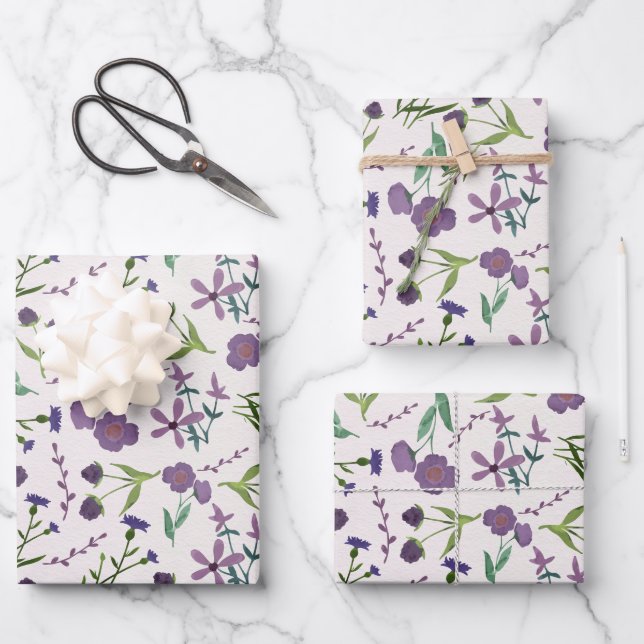 Feuille De Papier Cadeau Fleurs Féminines Aquarelle Violet Vert  (Recto)