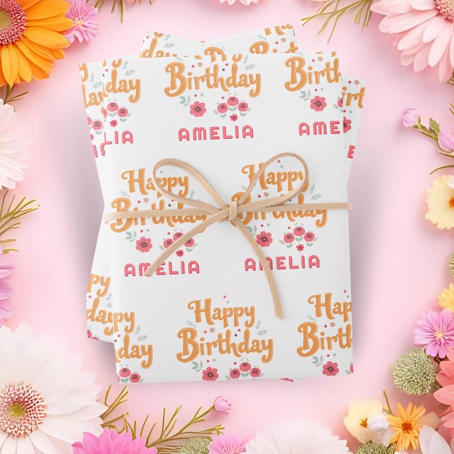 Feuille De Papier Cadeau Fleurs florales Bonne manipulation d'anniversaire (Créateur téléchargé)