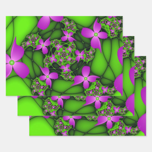 Feuille De Papier Cadeau Fleurs fractales Abstraites de néon rose vert (Lot)