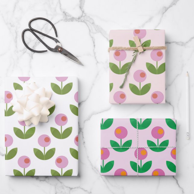 Feuille De Papier Cadeau Fleurs géométriques rose et vert (Recto)