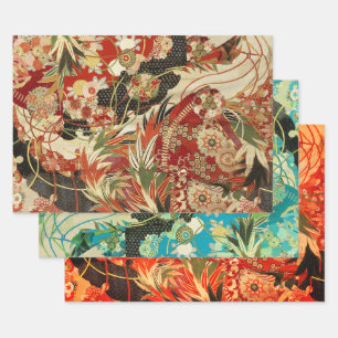 Feuille De Papier Cadeau FLEURS JAPONAISES ANCIENNES Rouge Turquoise Vert F