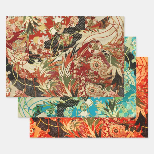 Feuille De Papier Cadeau FLEURS JAPONAISES ANCIENNES Rouge Turquoise Vert F (Lot)