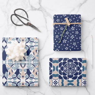 Feuille De Papier Cadeau FLEURS japonaises ET POISSONS KOI CRÈME blanche e