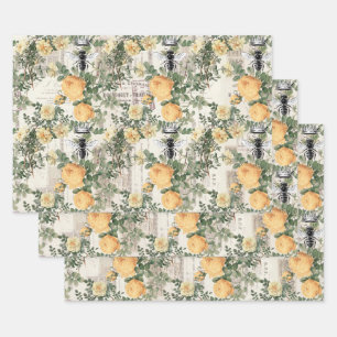 Feuille De Papier Cadeau Fleurs jaunes et abeilles royales