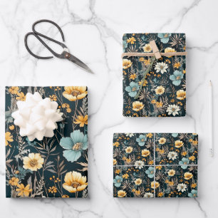 Feuille De Papier Cadeau Fleurs jaunes sauvages modernes