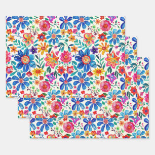 Feuille De Papier Cadeau Fleurs mexicaines colorées