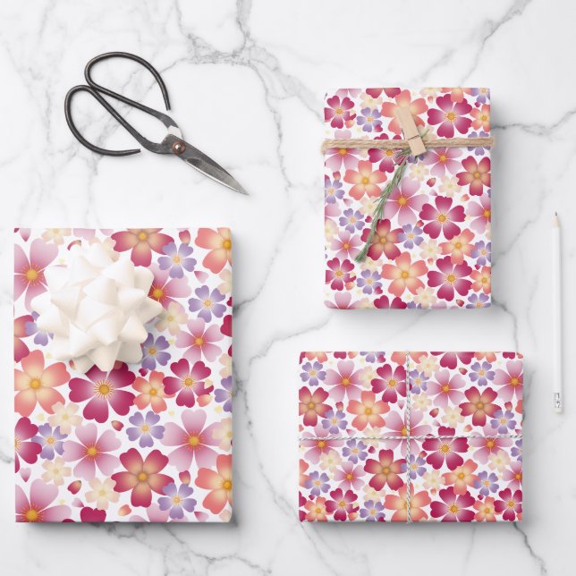 Feuille De Papier Cadeau Fleurs mixtes rêvées sur blanc (Recto)