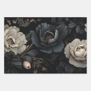 Feuille De Papier Cadeau Fleurs noires et blanches