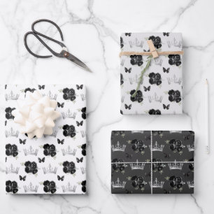Feuille De Papier Cadeau Fleurs noires et Couronnes d'argent
