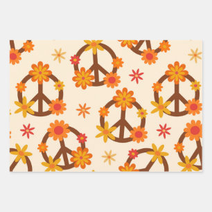 Feuille De Papier Cadeau Fleurs Rétro Groovy sur des Panneaux de Paix et d'