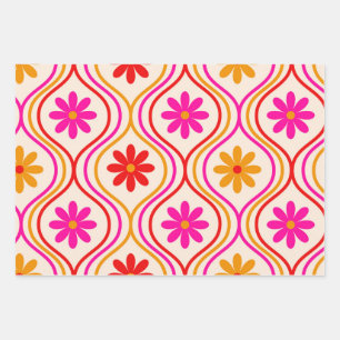 Feuille De Papier Cadeau Fleurs rétro hippies sur motif ogee rouge orange r