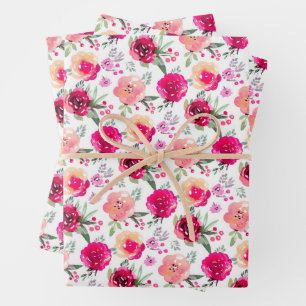 Feuille De Papier Cadeau Fleurs rose aquarelle 