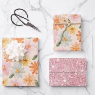 Feuille De Papier Cadeau Fleurs Rose Jaune Bleu Pêche Paillettes Anniversai