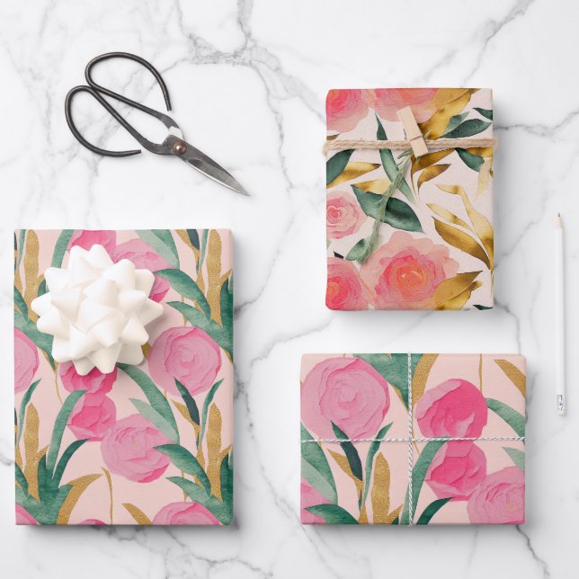 Feuille De Papier Cadeau Fleurs roses (Recto)
