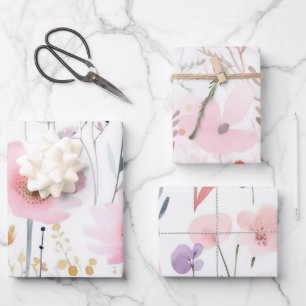 Feuille De Papier Cadeau Fleurs roses à l'aquarelle