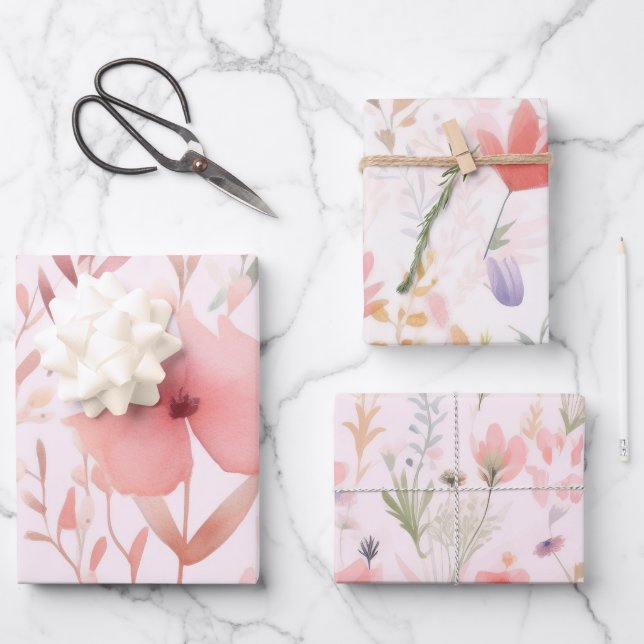 Feuille De Papier Cadeau Fleurs roses à l'aquarelle (Recto)