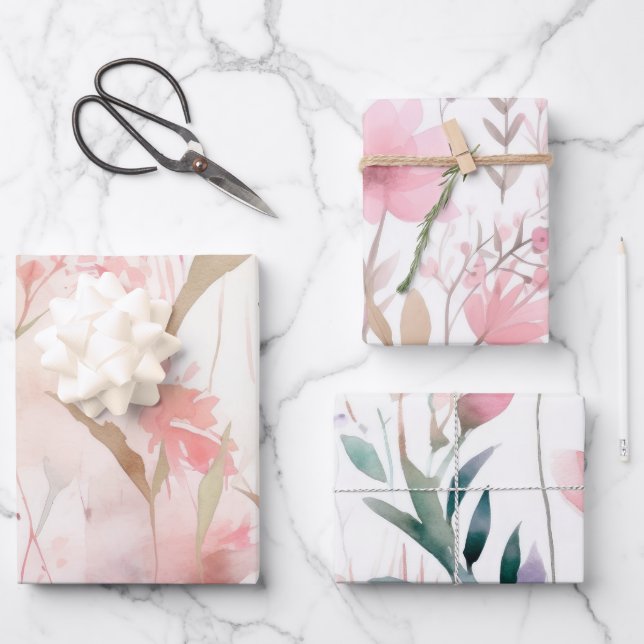 Feuille De Papier Cadeau Fleurs roses à l'aquarelle (Recto)