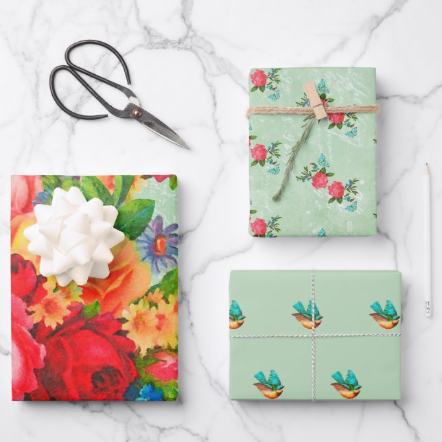 Feuille De Papier Cadeau Fleurs, Roses et bleuets (Recto)