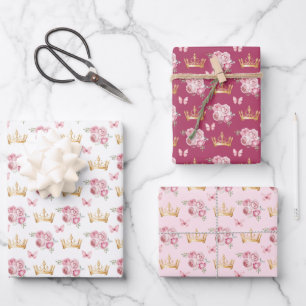 Feuille De Papier Cadeau Fleurs roses et Couronnes d'or