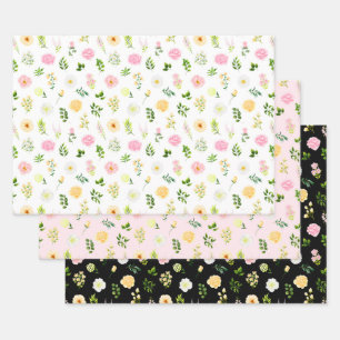 Feuille De Papier Cadeau Fleurs roses et jaunes avec Motif de feuillage