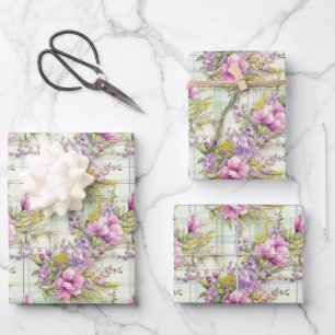 Feuille De Papier Cadeau Fleurs roses et violettes sur plaid