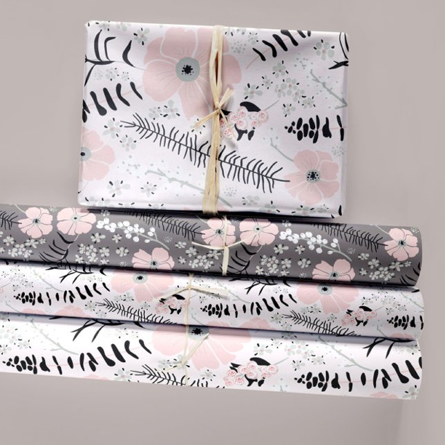 Feuille De Papier Cadeau Fleurs Roses Noir Botanique Découpage Cadeau (Sweet Pink Gray Whimsical Patterned Flowers Wrapping Paper Sheets from Studio Posies.)