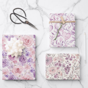 Feuille De Papier Cadeau Fleurs Roses Violettes Blush Cœurs Enterrement de