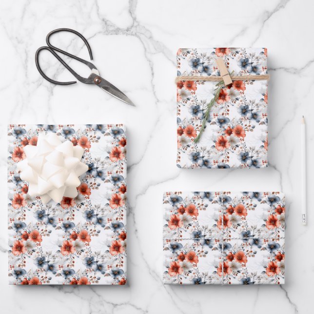 Feuille De Papier Cadeau Fleurs rouges et bleues sur fond blanc (Recto)
