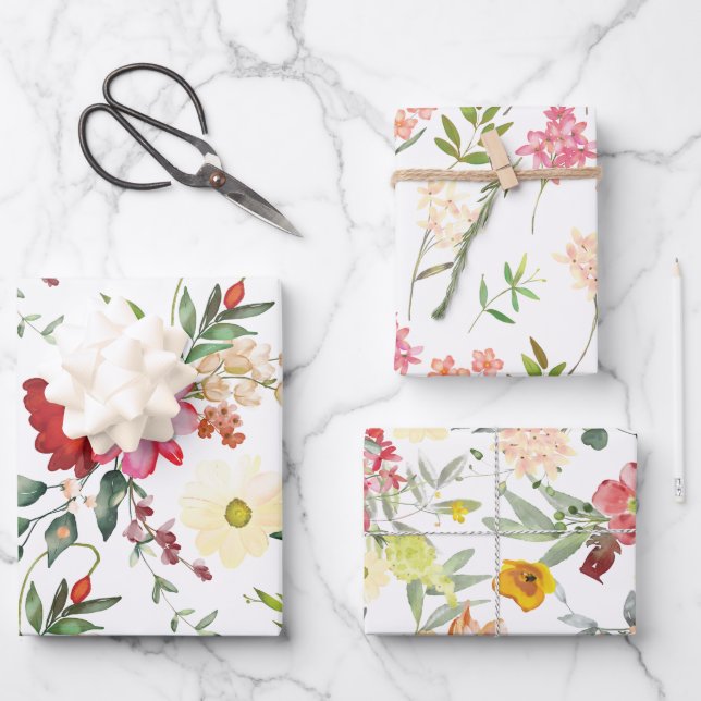 Feuille De Papier Cadeau Fleurs rouges et jaunes (Recto)
