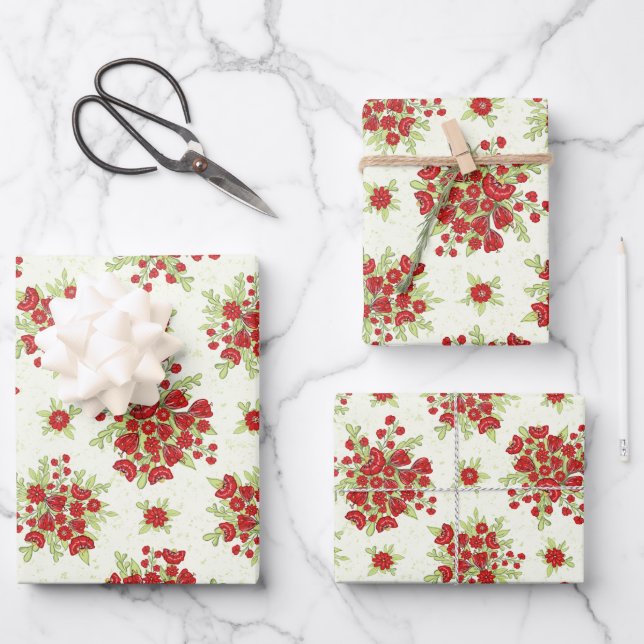 Feuille De Papier Cadeau Fleurs rouges Printemps floral (Recto)