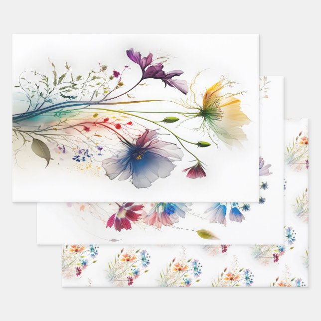 Feuille De Papier Cadeau Fleurs sauvages d'aquarelles modernes (Lot)