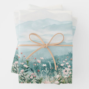 Feuille De Papier Cadeau Fleurs sauvages et monts rose pâle