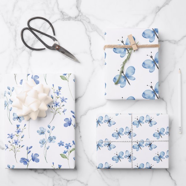Feuille De Papier Cadeau Fleurs sauvages et papillons élégants (Recto)