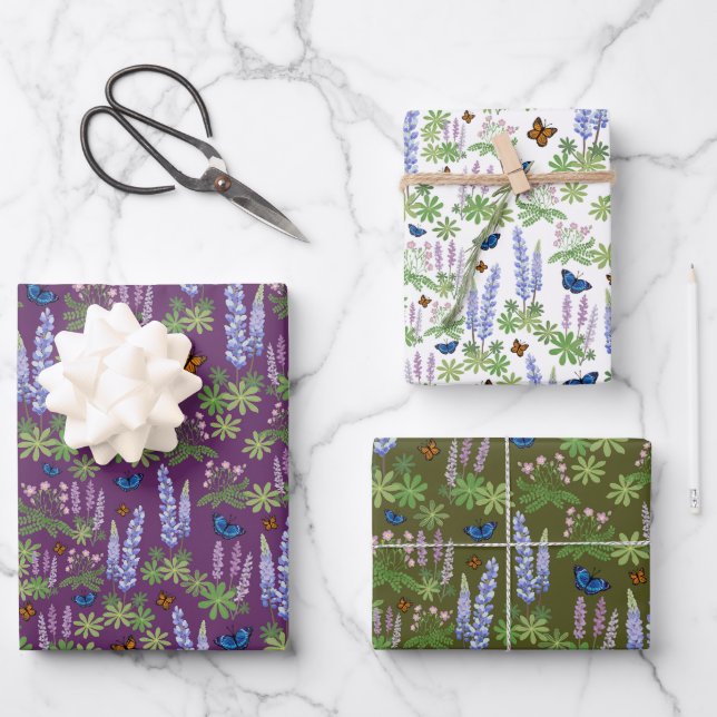 Feuille De Papier Cadeau Fleurs sauvages & papillons cadeau envelopper lila (Recto)