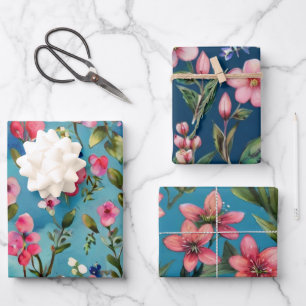 Feuille De Papier Cadeau Fleurs sauvages roses sur fond bleu