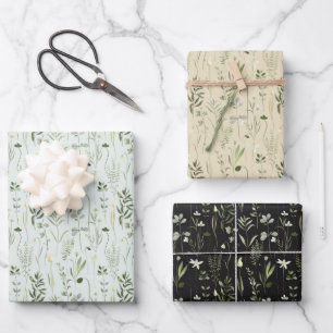 Feuille De Papier Cadeau Fleurs sauvages verts et blancs