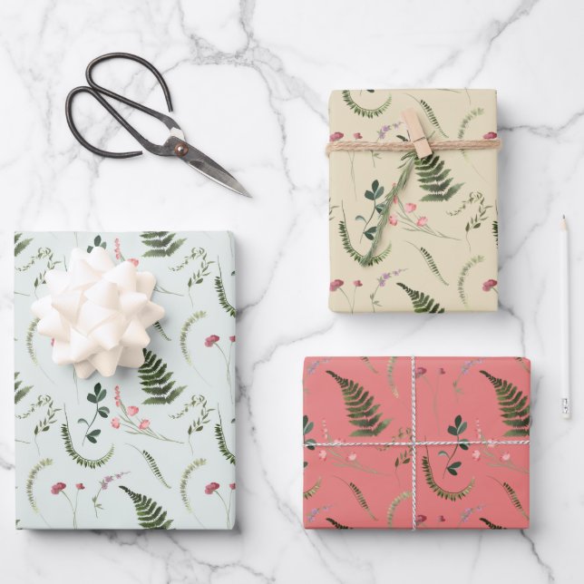 Feuille De Papier Cadeau Fleurs sauvages verts et roses (Recto)