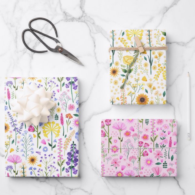 Feuille De Papier Cadeau Fleurs sauvages Whimsical Floral Motif coloré (Recto)