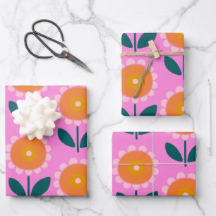 Feuille De Papier Cadeau Fleurs scandinaves mignonnes en rose et orange