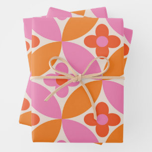 Feuille De Papier Cadeau Fleurs sur cercles rose orange milieu du siècle