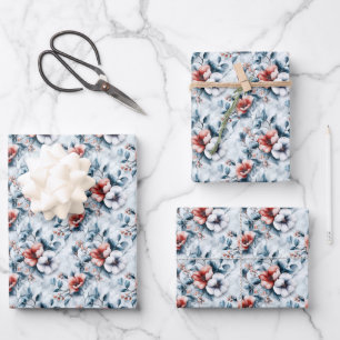 Feuille De Papier Cadeau Fleurs sur marbre gris et blanc
