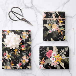 Feuille De Papier Cadeau Fleurs tropicales d'ananas noires 