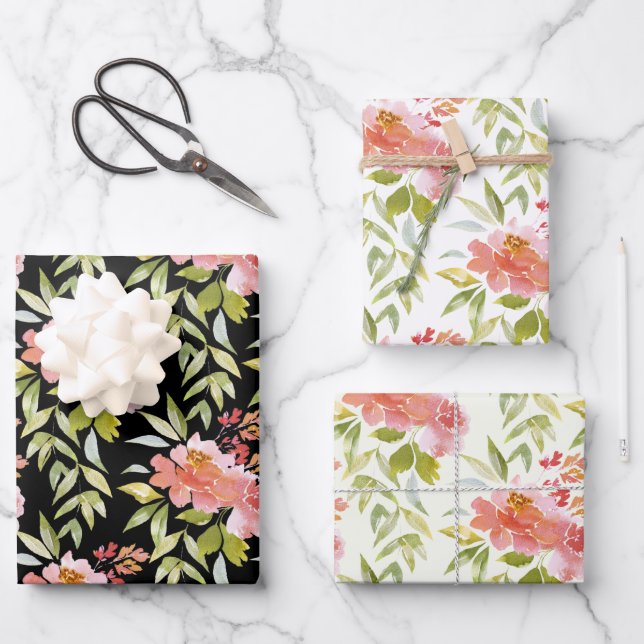 Feuille De Papier Cadeau Fleurs Verdoyantes Rouges (Recto)