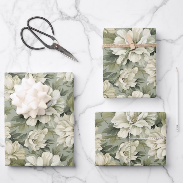 Feuille De Papier Cadeau Fleurs vertes de sauge bohème (Recto)