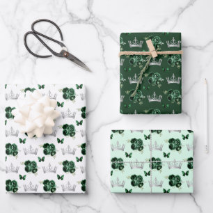 Feuille De Papier Cadeau Fleurs vertes foncées et Couronnes d'argent