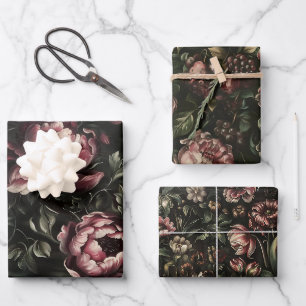 Feuille De Papier Cadeau Fleurs vintages Flore foncé peinture d'art