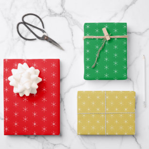 Feuille De Papier Cadeau Flocons de neige sur fond vert, or et rouge