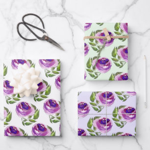 Feuille De Papier Cadeau Floral Aquarelle violet Rose Motif
